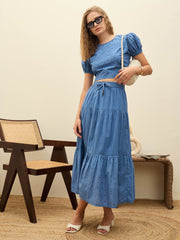 Women Blue Schiffli Crop Top With Flared Skirt-SFSETS96235