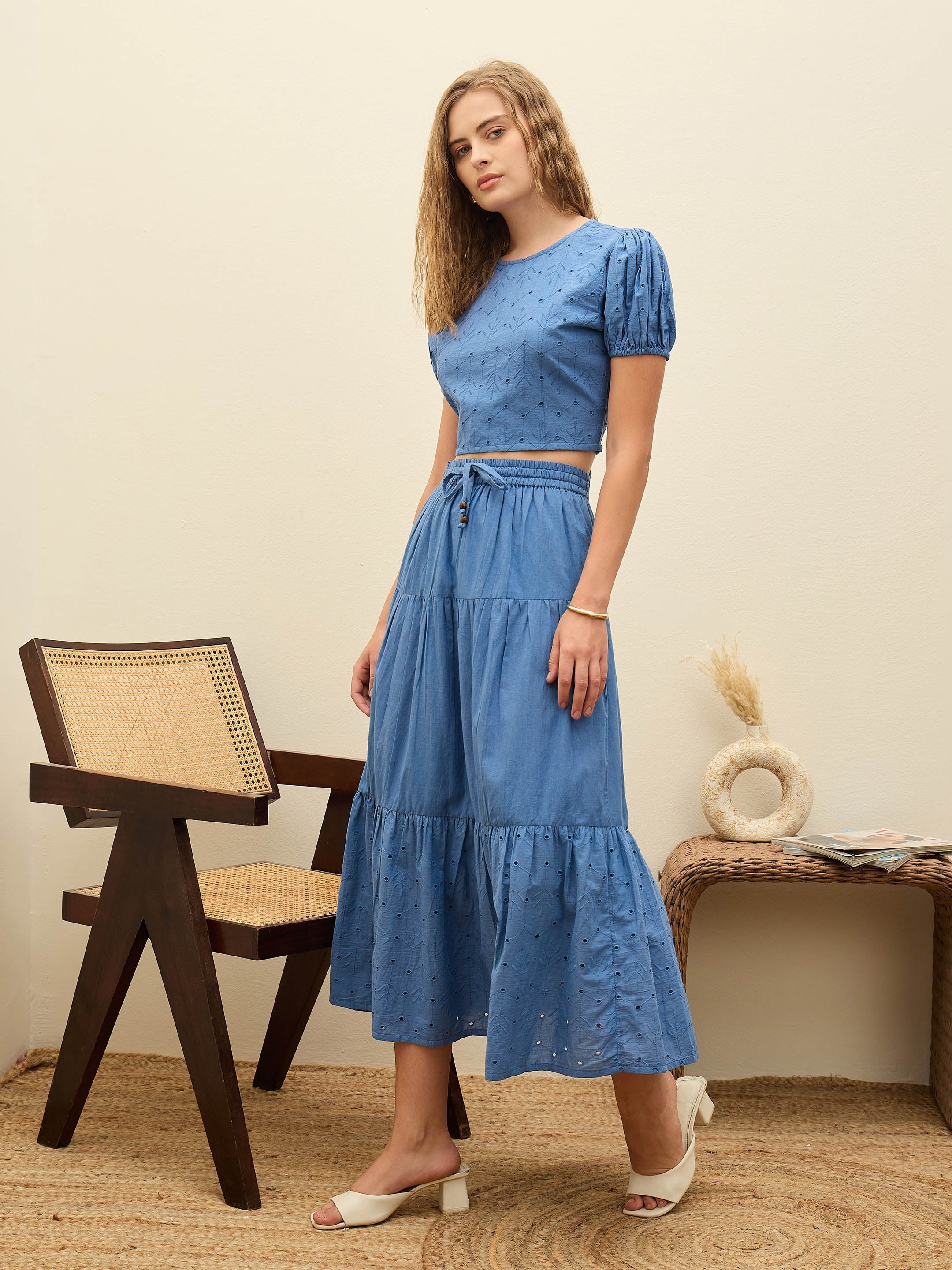 Women Blue Schiffli Crop Top With Flared Skirt-SFSETS96235