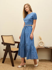 Women Blue Schiffli Crop Top With Flared Skirt-SFSETS96235