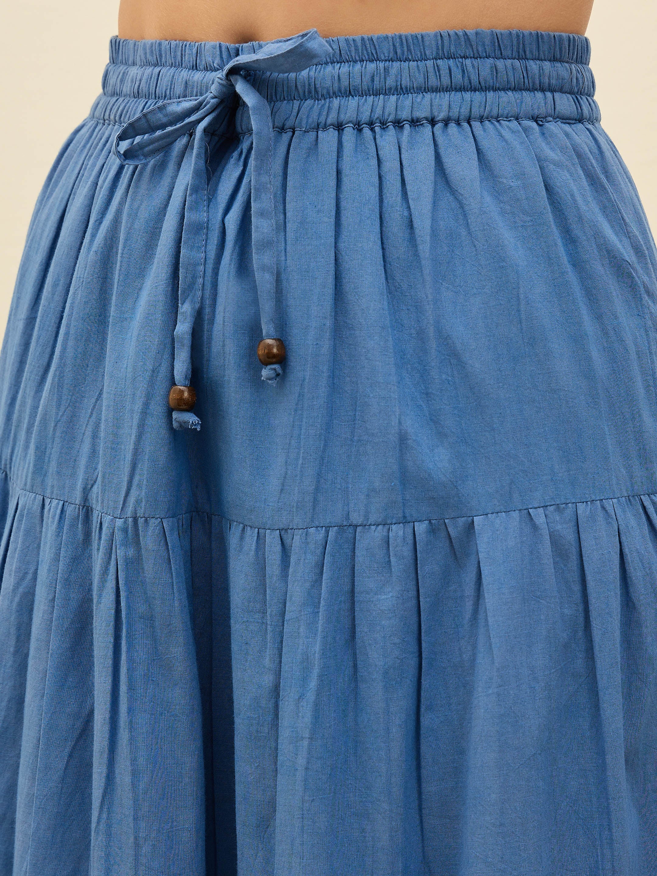 Women Blue Schiffli Crop Top With Flared Skirt-SFSETS96235