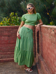 Women Green Schiffli Crop Top With Flared Skirt-SFSETS96236