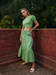 Women Green Schiffli Crop Top With Flared Skirt-SFSETS96236