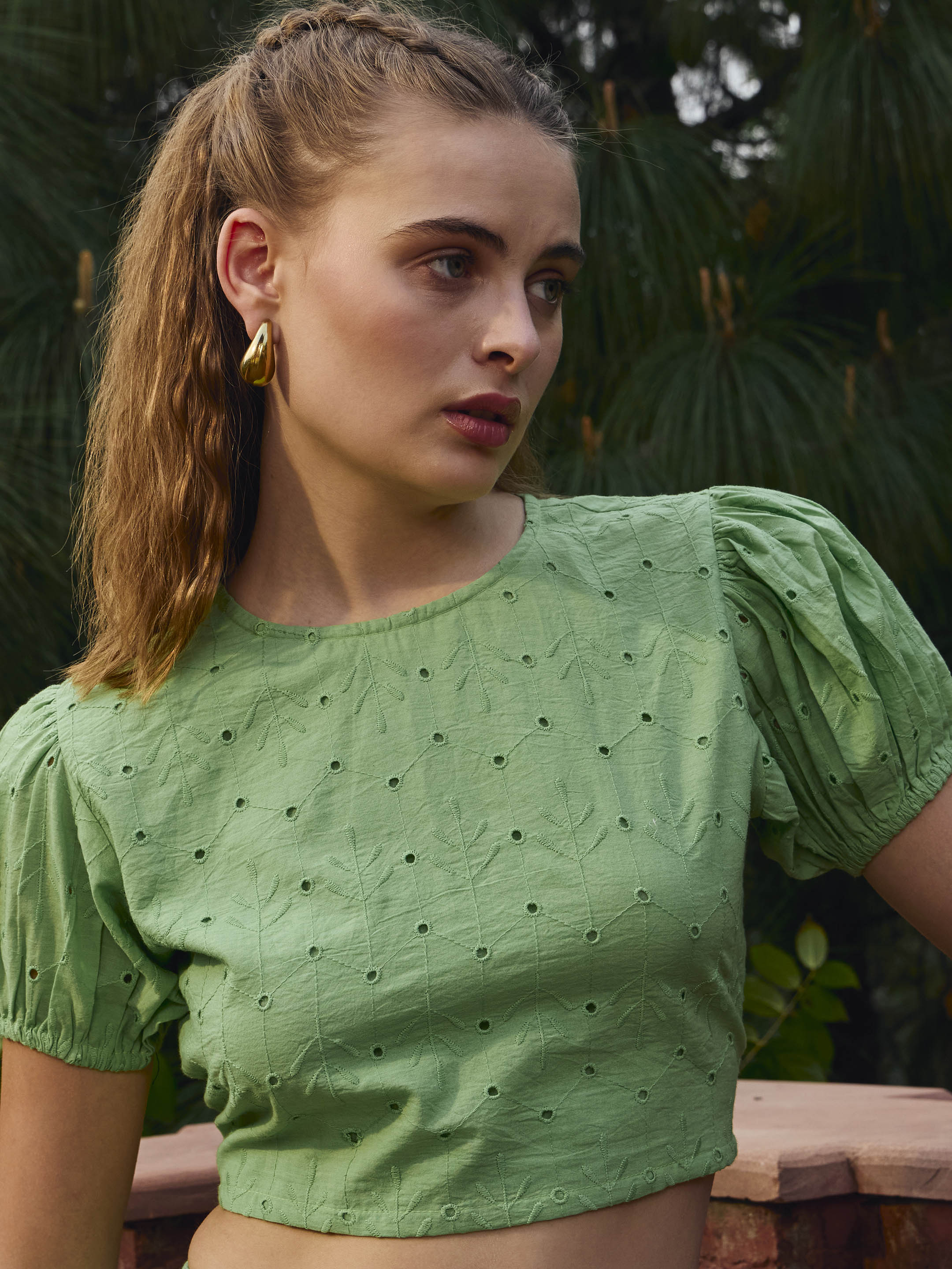 Women Green Schiffli Crop Top With Flared Skirt-SFSETS96236