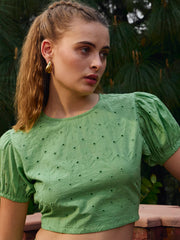 Women Green Schiffli Crop Top With Flared Skirt-SFSETS96236