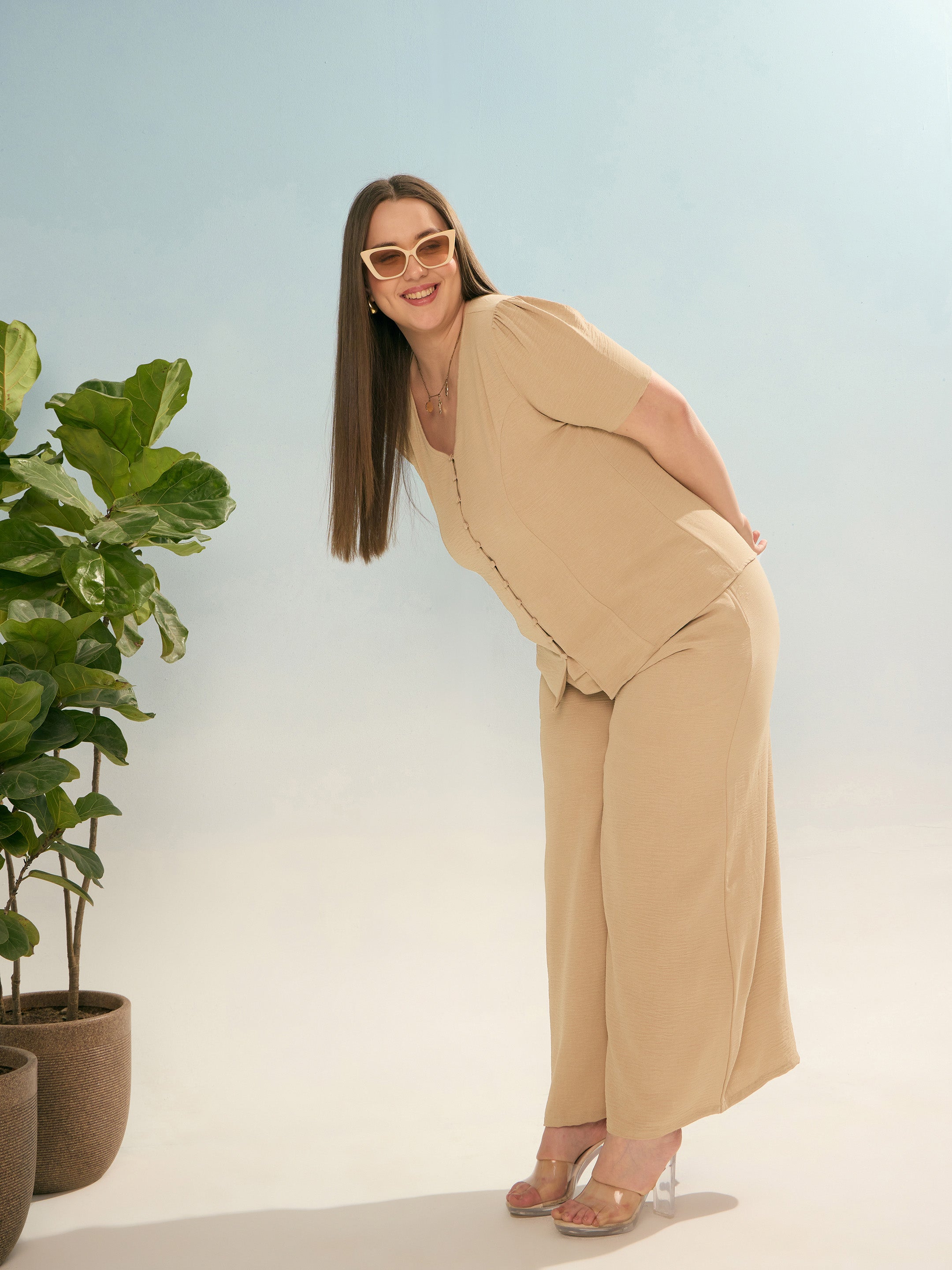 Women Beige Button Down Top With Straight Pants-SFSETS96366