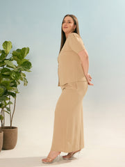 Women Beige Button Down Top With Straight Pants-SFSETS96366