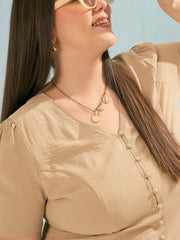 Women Beige Button Down Top With Straight Pants-SFSETS96366