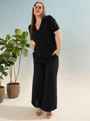 Women Black Button Down Top with Straight Pants-SFSETS96367