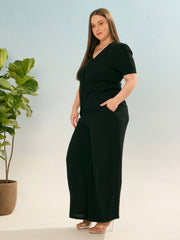Women Black Button Down Top with Straight Pants-SFSETS96367