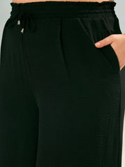 Women Black Button Down Top with Straight Pants-SFSETS96367