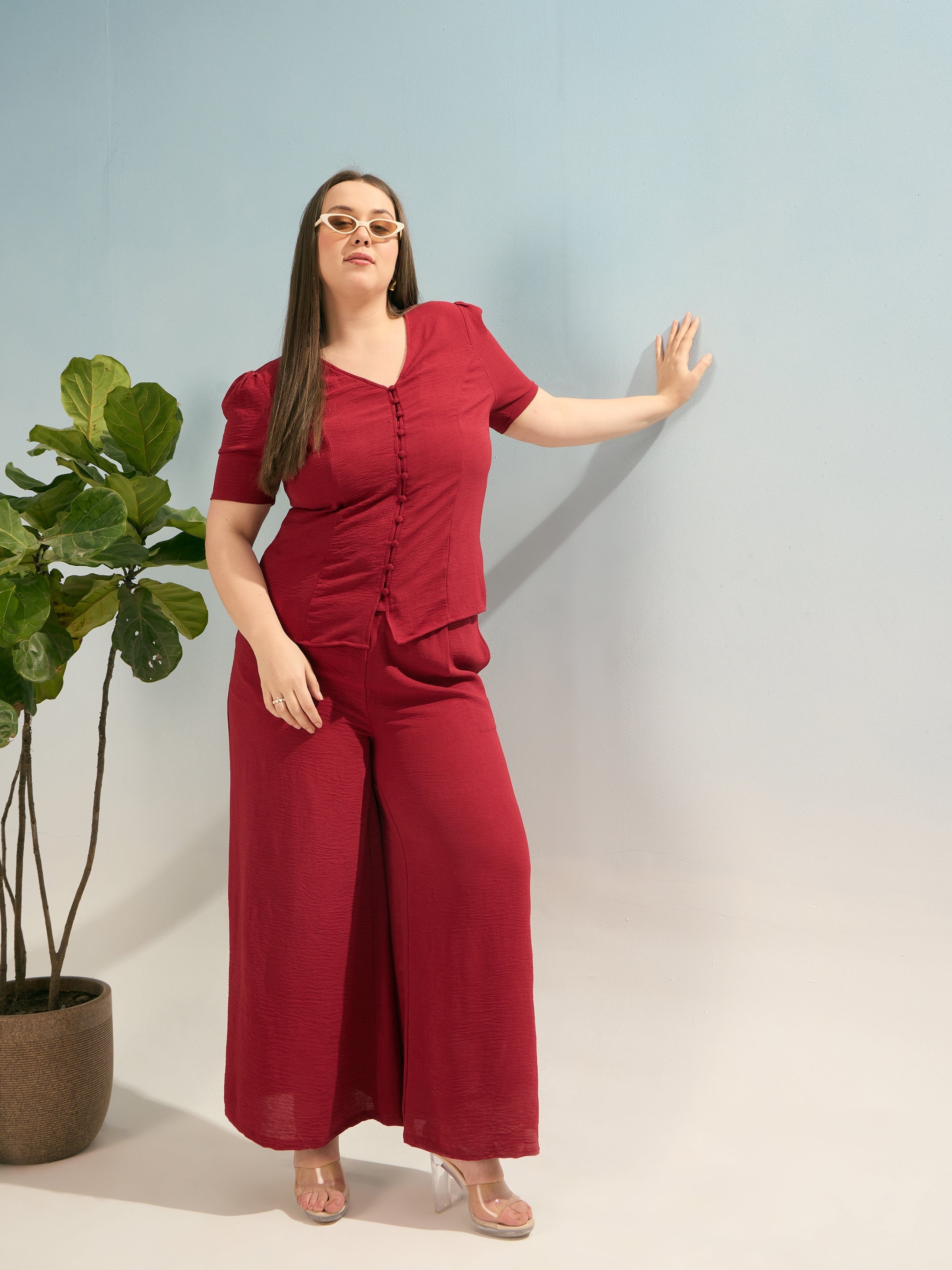Women Maroon Button Down Top With Straight Pants-SFSETS96368