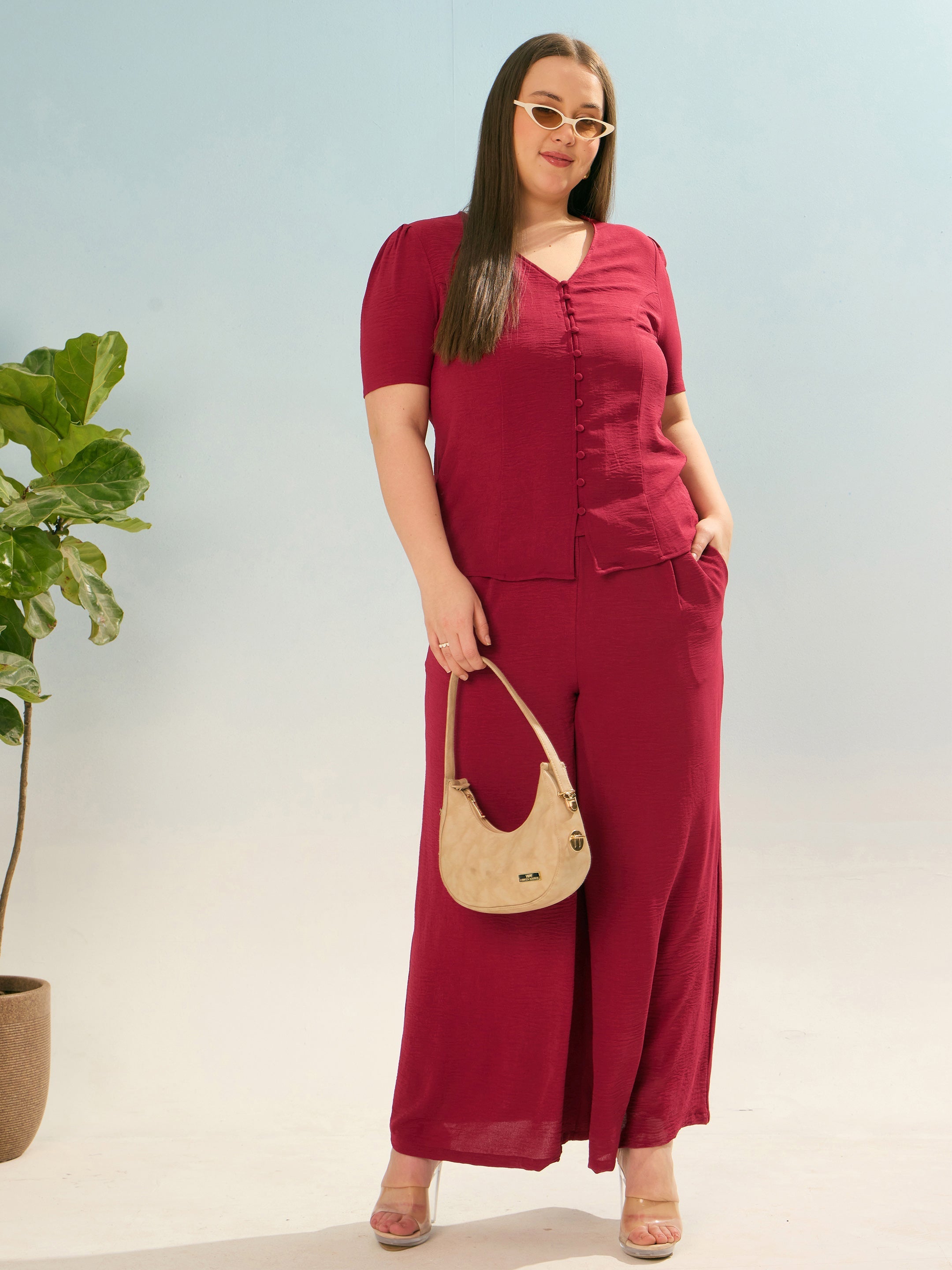 Women Maroon Button Down Top With Straight Pants-SFSETS96368