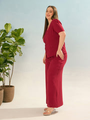 Women Maroon Button Down Top With Straight Pants-SFSETS96368