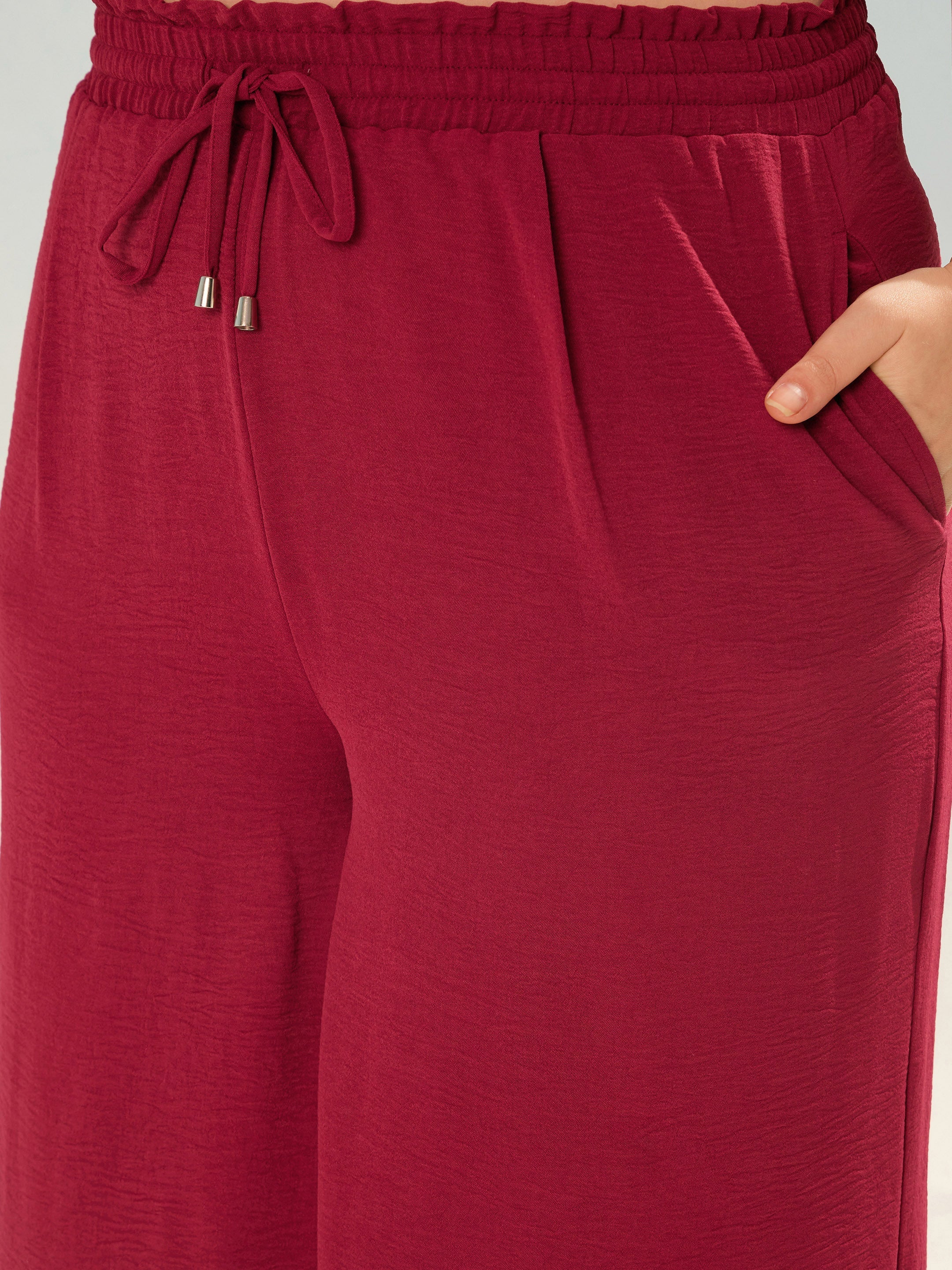 Women Maroon Button Down Top With Straight Pants-SFSETS96368