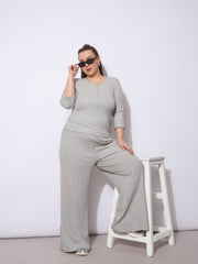 Women Grey Rib Straight Pants With V Neck Top-SFSETS96371