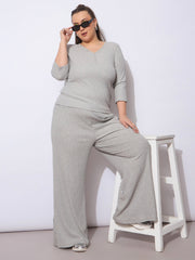 Women Grey Rib Straight Pants With V Neck Top-SFSETS96371