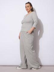 Women Grey Rib Straight Pants With V Neck Top-SFSETS96371