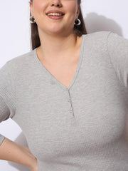 Women Grey Rib Straight Pants With V Neck Top-SFSETS96371