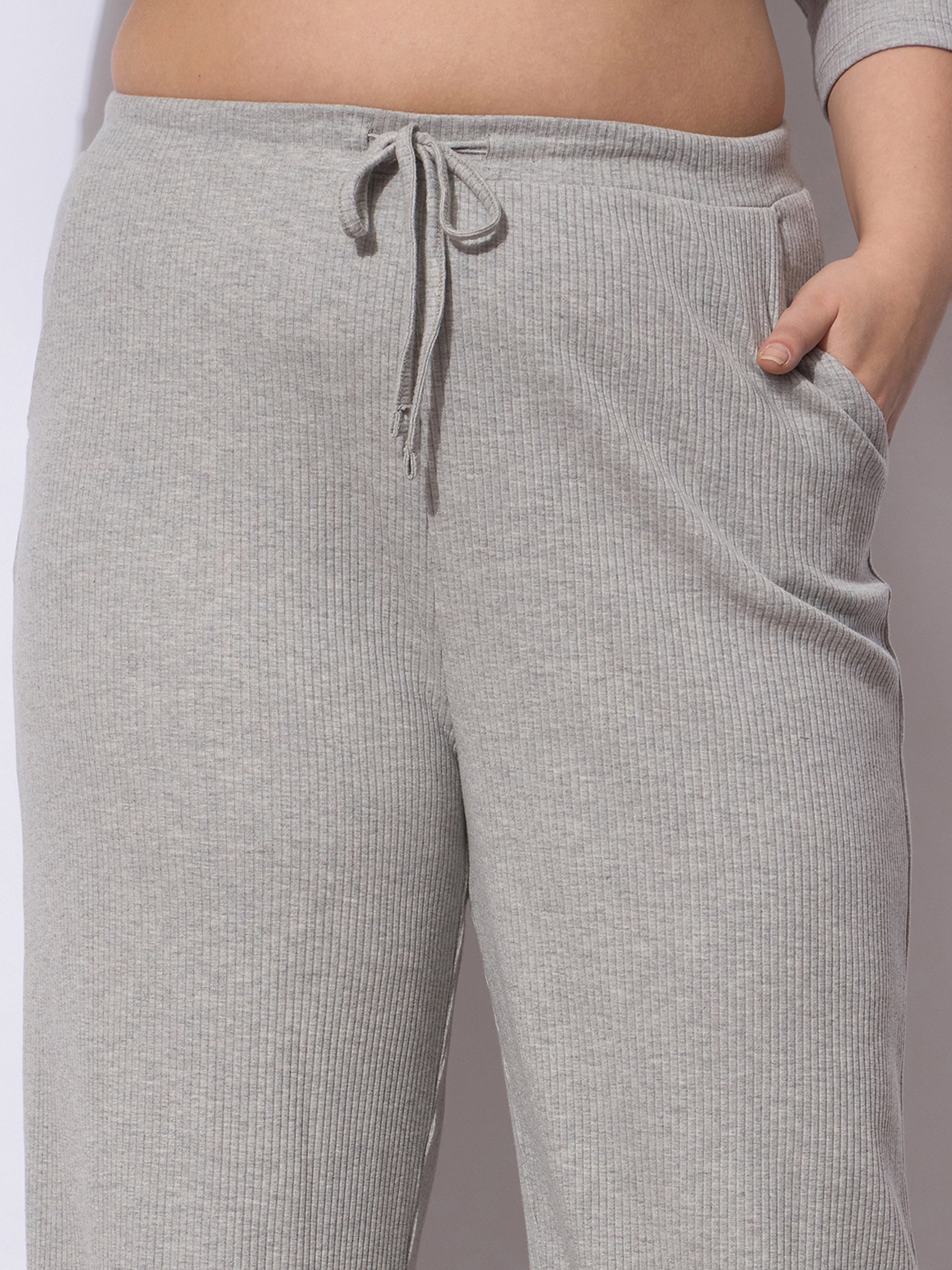 Women Grey Rib Straight Pants With V Neck Top-SFSETS96371