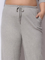 Women Grey Rib Straight Pants With V Neck Top-SFSETS96371