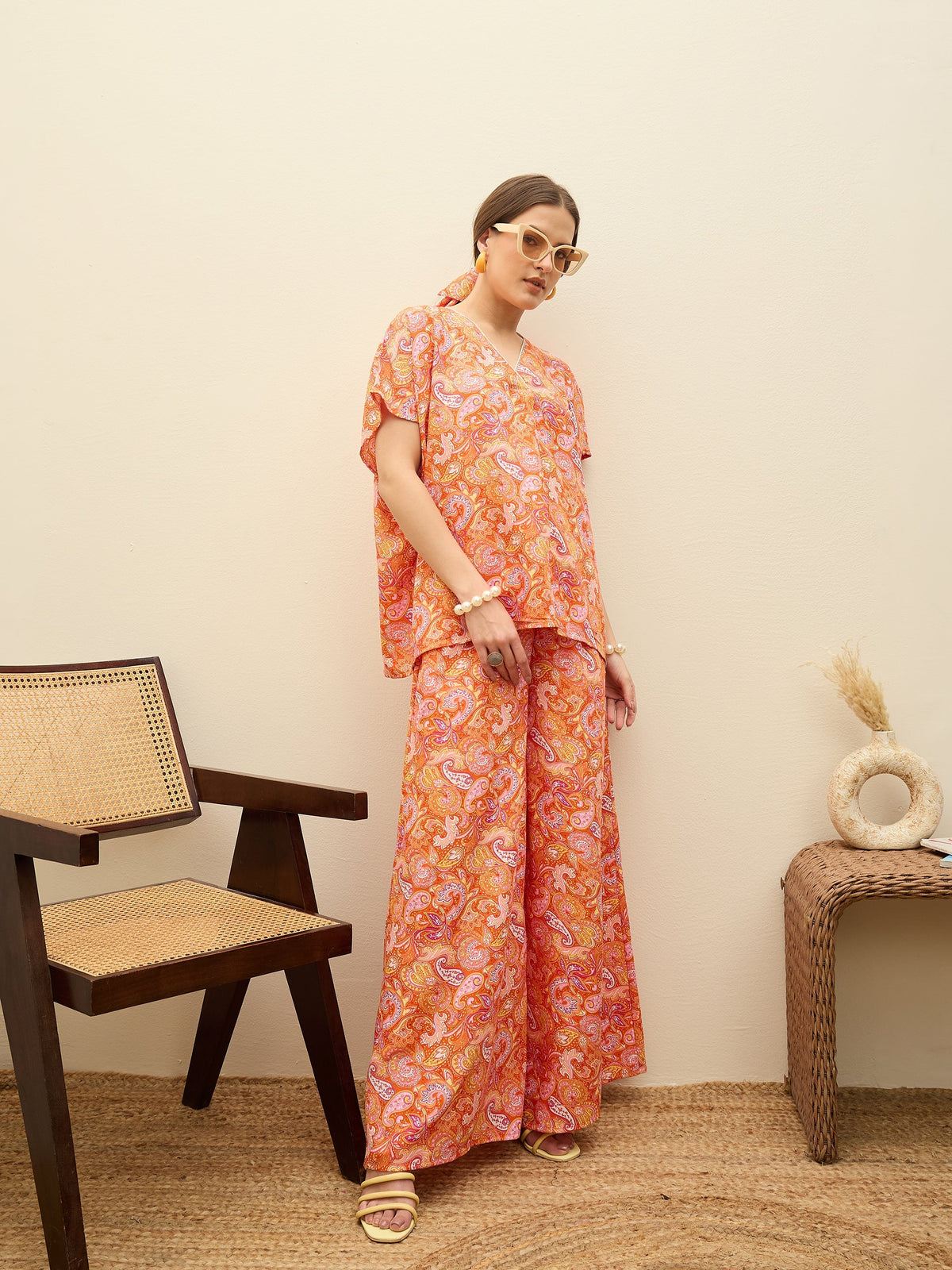 Women Orange Paisley V-Neck Top With Flared Pants-SFSETS96373