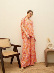 Women Orange Paisley V-Neck Top With Flared Pants-SFSETS96373