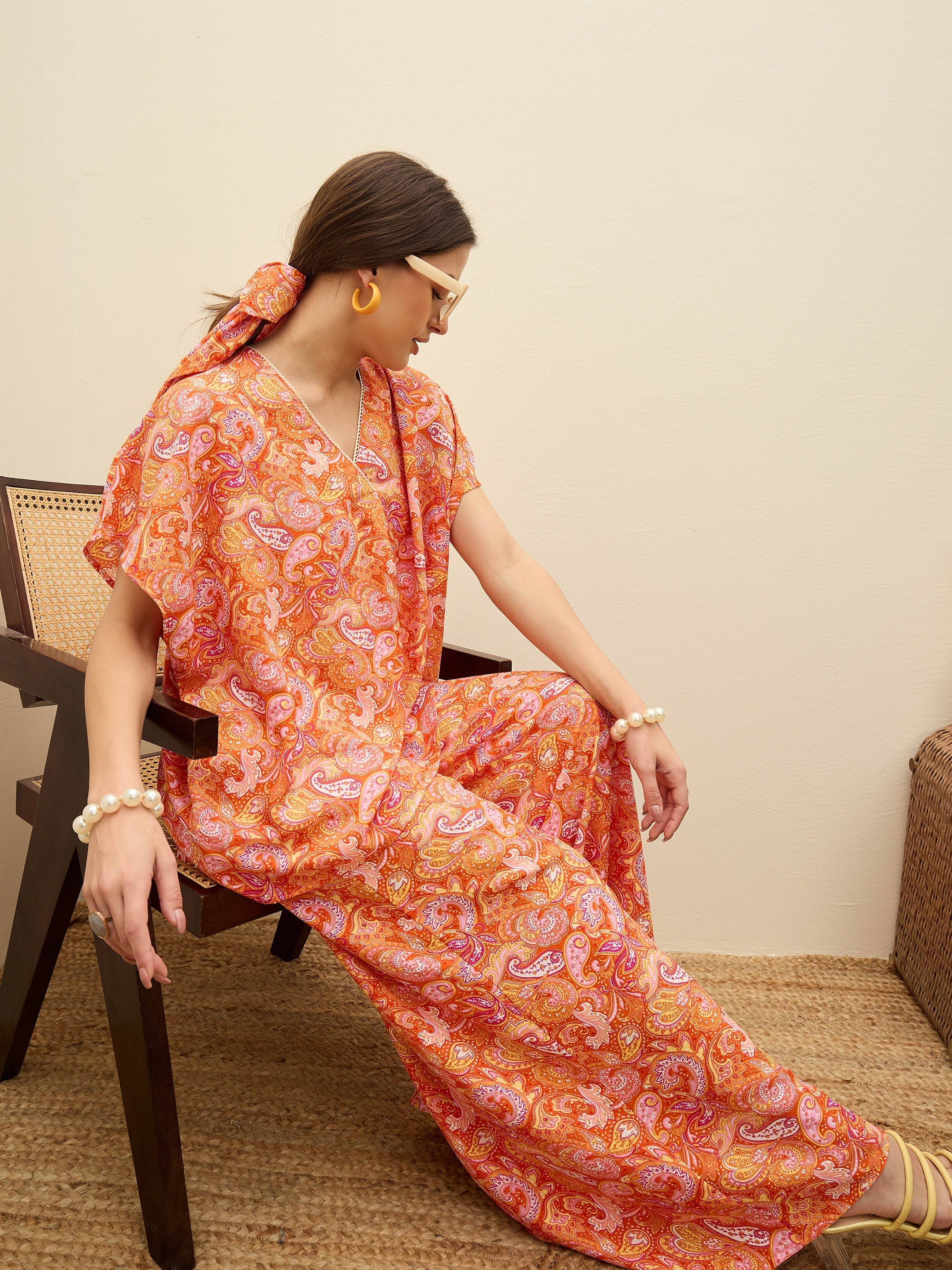 Women Orange Paisley V-Neck Top With Flared Pants-SFSETS96373