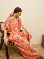 Women Orange Paisley V-Neck Top With Flared Pants-SFSETS96373