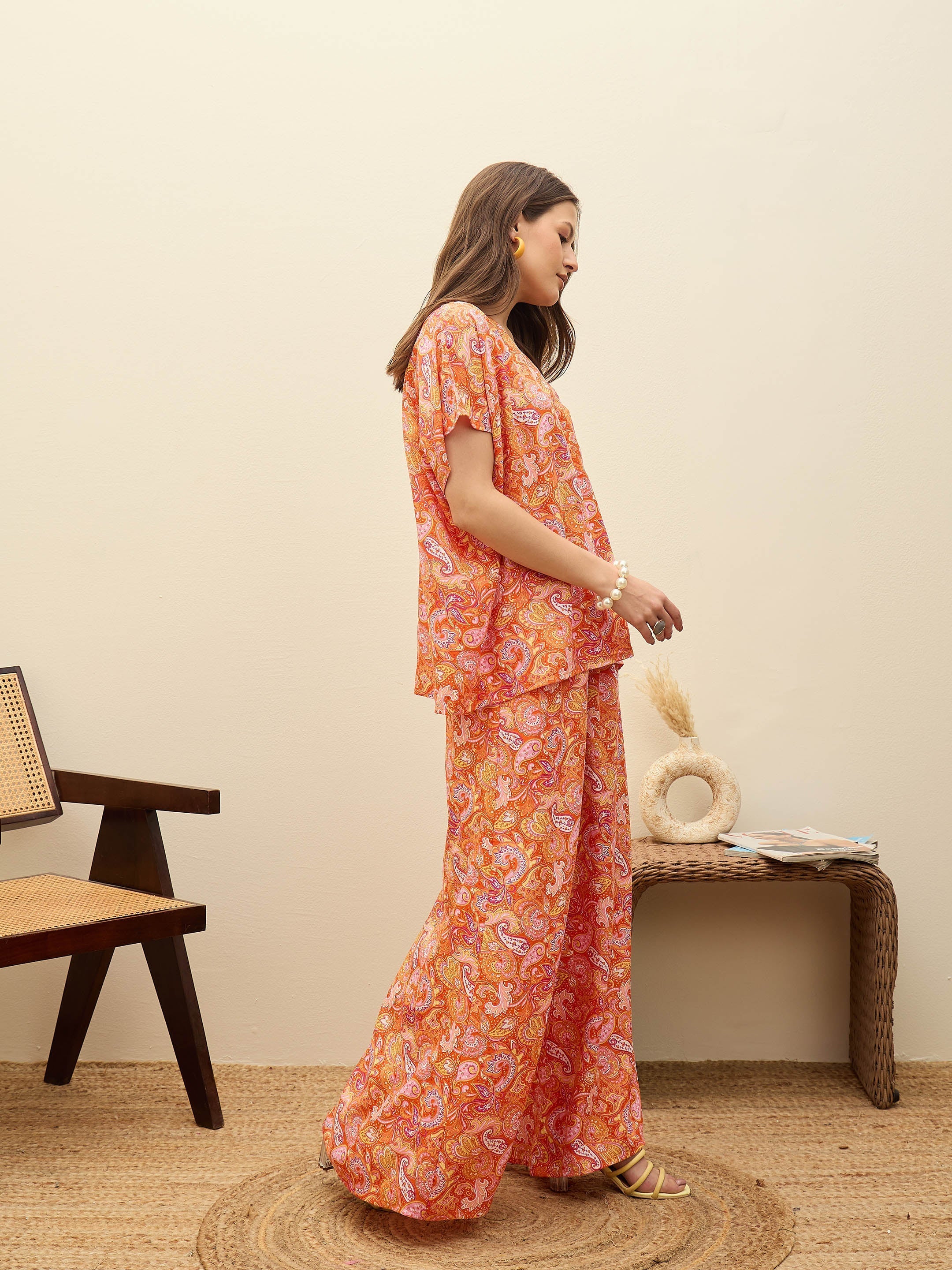 Women Orange Paisley V-Neck Top With Flared Pants-SFSETS96373