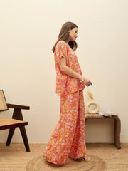 Women Orange Paisley V-Neck Top With Flared Pants-SFSETS96373