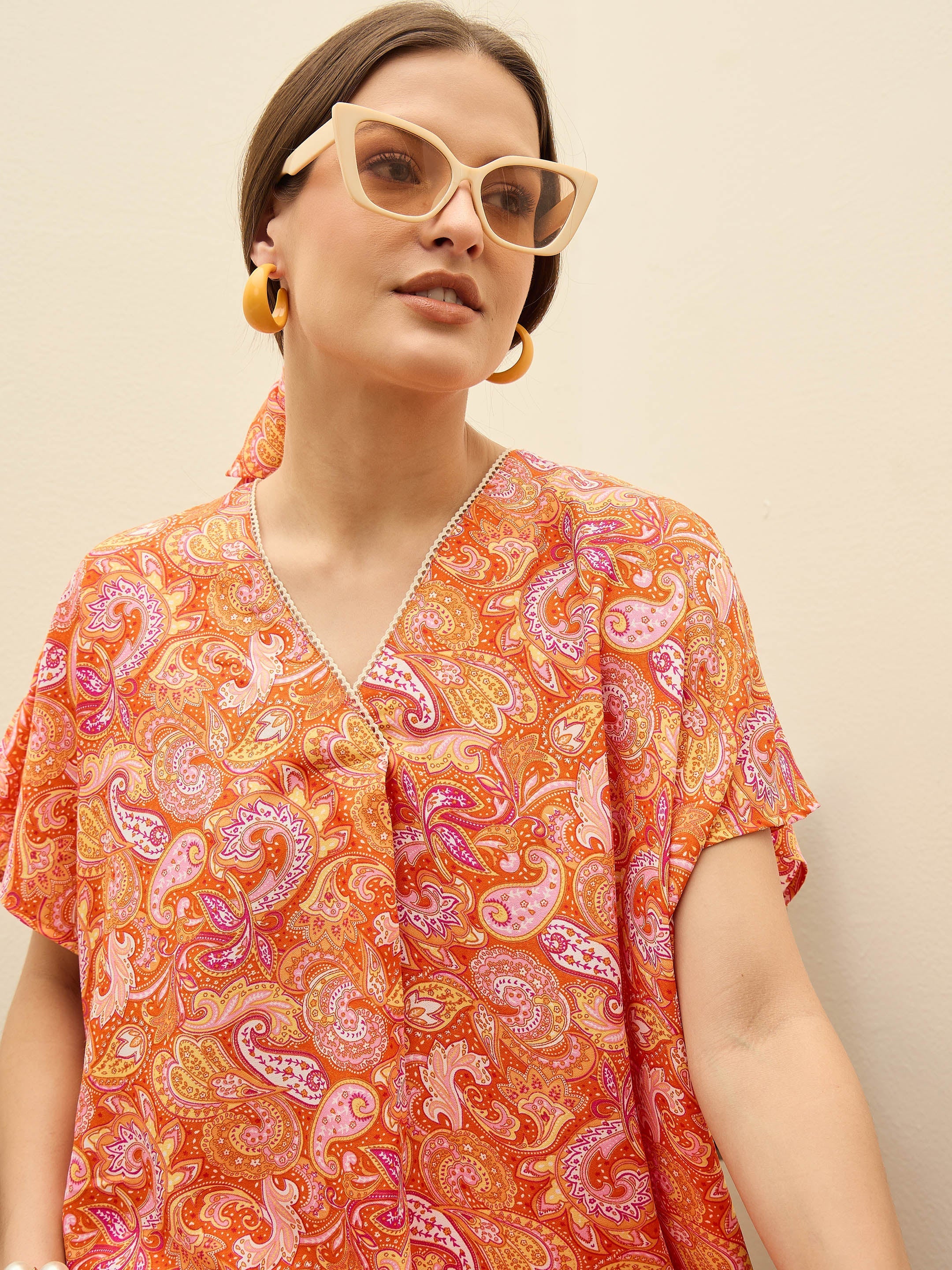 Women Orange Paisley V-Neck Top With Flared Pants-SFSETS96373