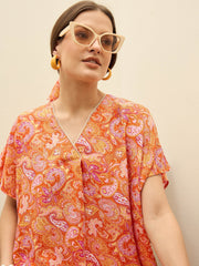 Women Orange Paisley V-Neck Top With Flared Pants-SFSETS96373