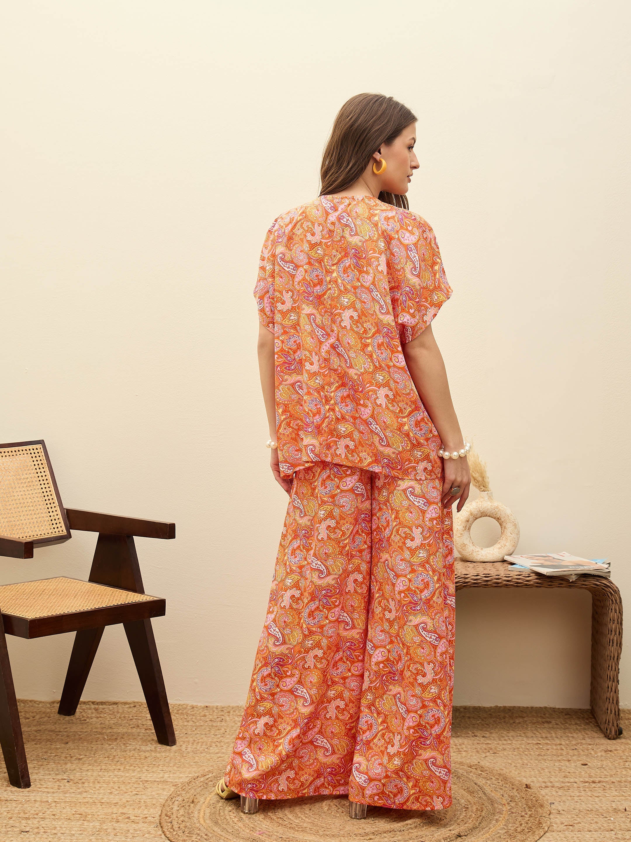 Women Orange Paisley V-Neck Top With Flared Pants-SFSETS96373