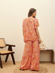 Women Orange Paisley V-Neck Top With Flared Pants-SFSETS96373