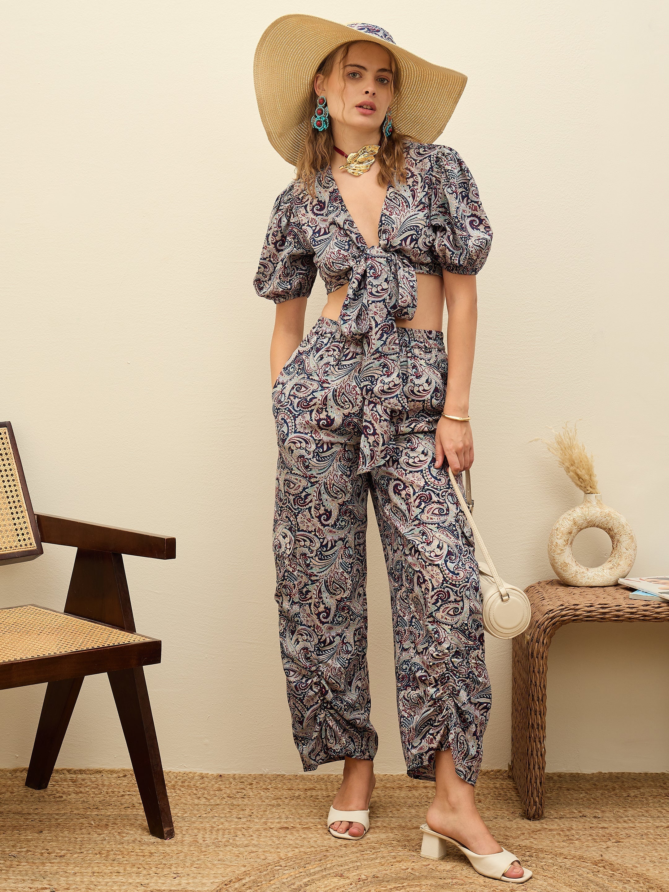 Women Navy Blue Paisley Printed Crop Top With Joggers-SFSETS96376