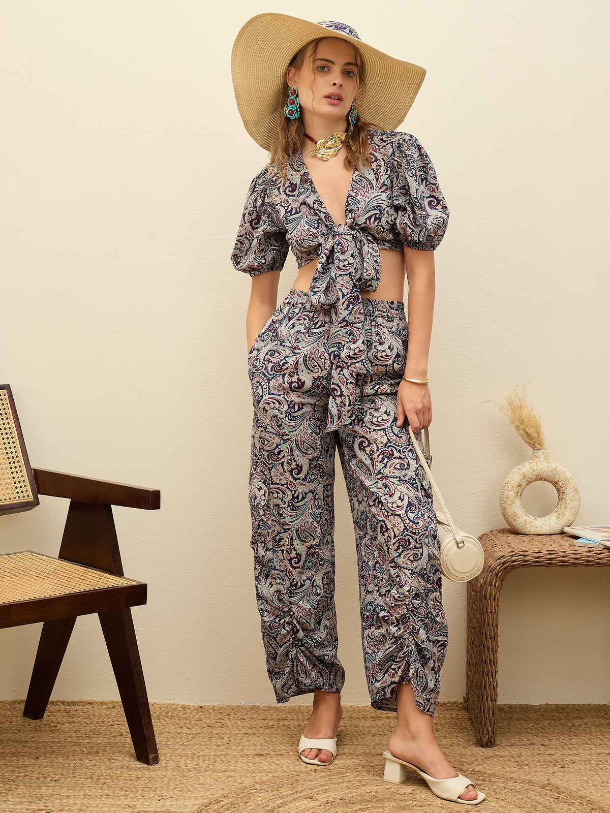 Women Navy Blue Paisley Printed Crop Top With Joggers-SFSETS96376