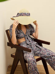 Women Navy Blue Paisley Printed Crop Top With Joggers-SFSETS96376