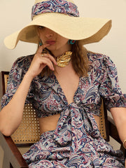 Women Navy Blue Paisley Printed Crop Top With Joggers-SFSETS96376