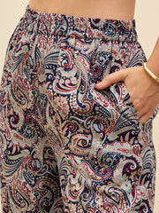 Women Navy Blue Paisley Printed Crop Top With Joggers-SFSETS96376