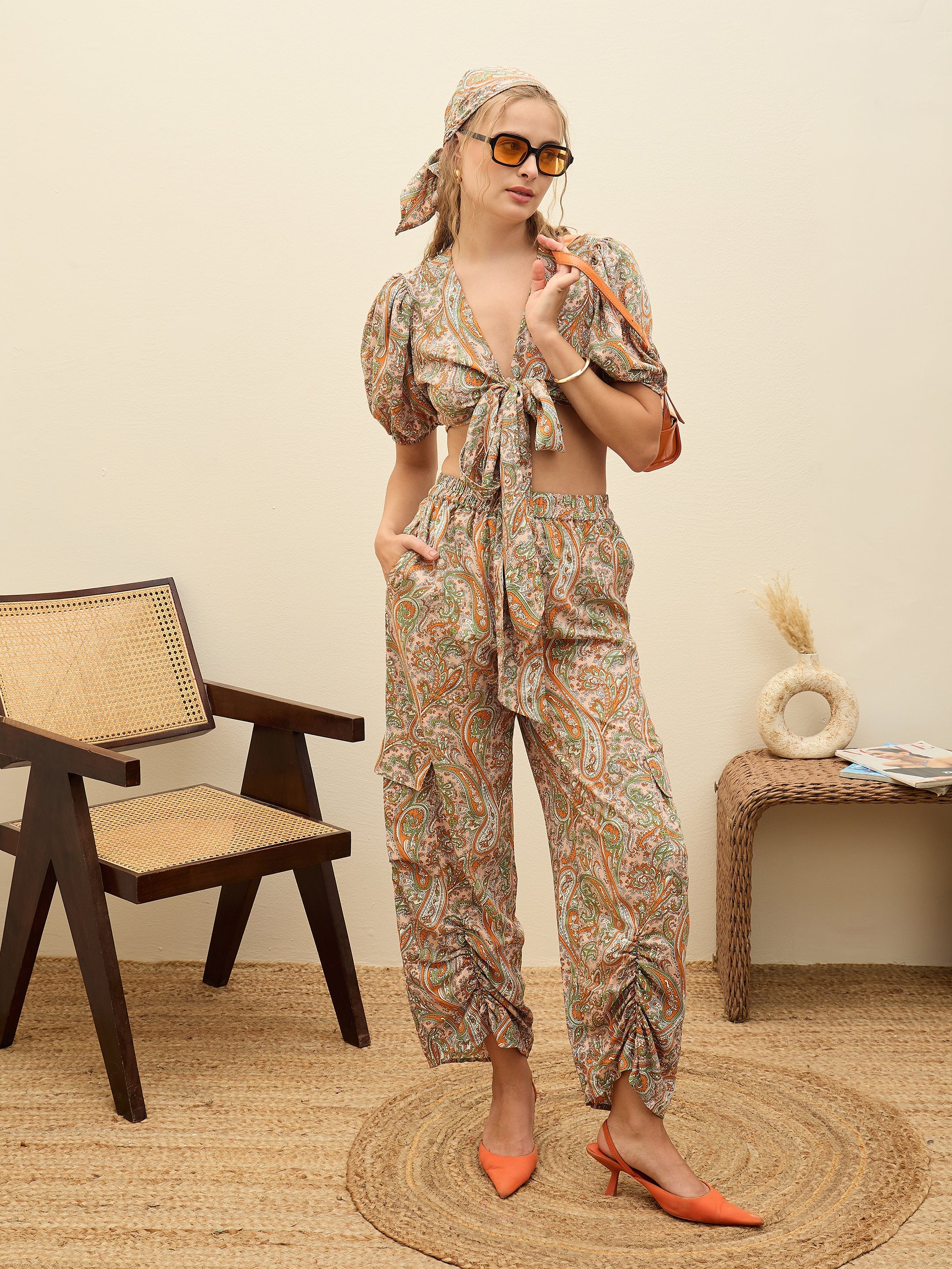 Women Peach Paisley Printed Crop Top With Joggers-SFSETS96377