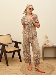 Women Peach Paisley Printed Crop Top With Joggers-SFSETS96377