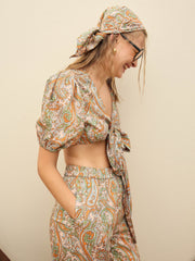 Women Peach Paisley Printed Crop Top With Joggers-SFSETS96377