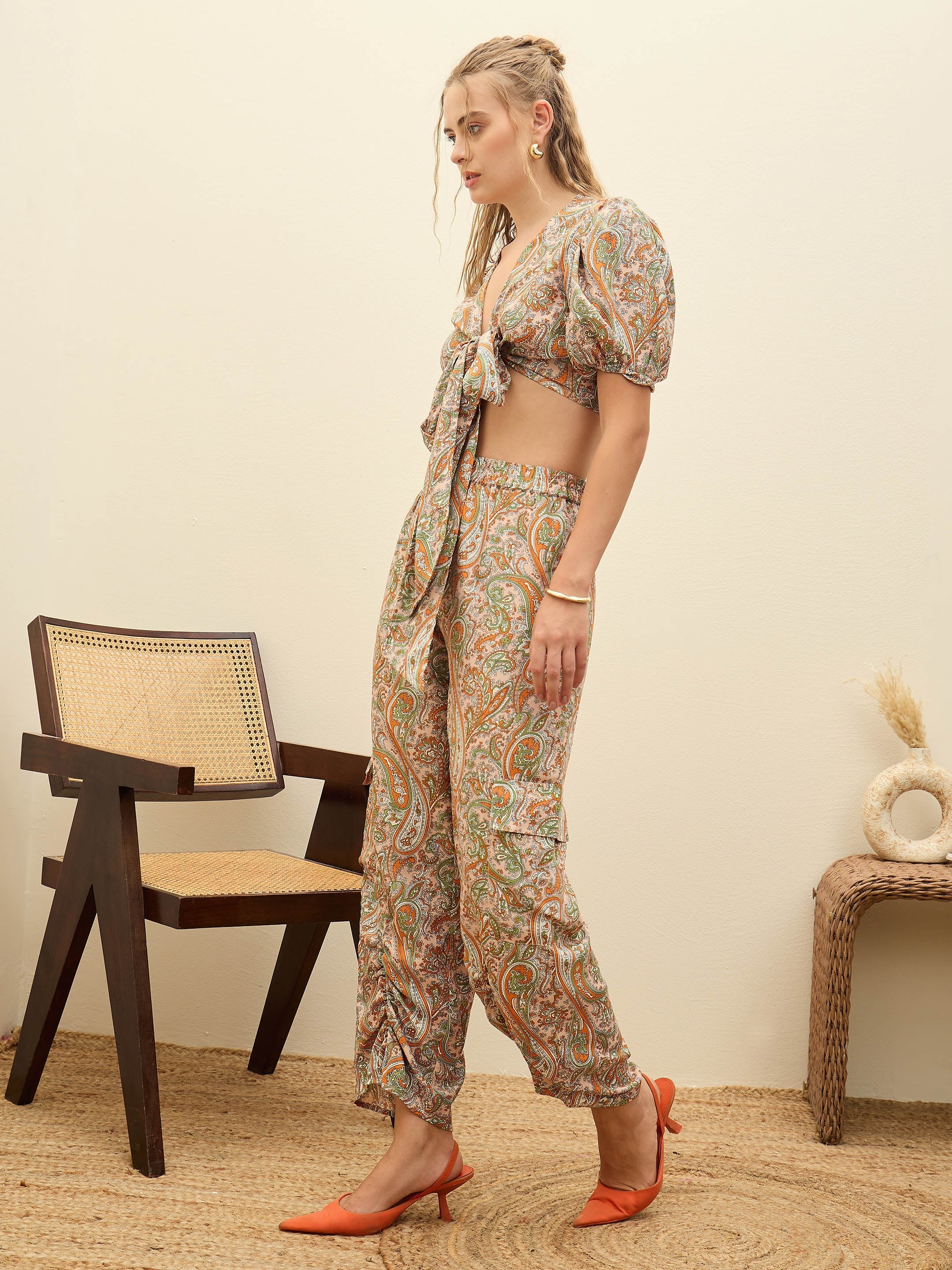 Women Peach Paisley Printed Crop Top With Joggers-SFSETS96377