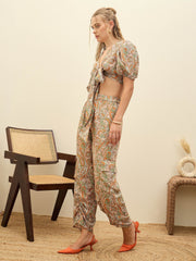 Women Peach Paisley Printed Crop Top With Joggers-SFSETS96377