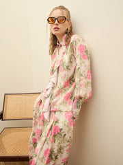 Women Beige Floral Top With Flared Pants-SFSETS96378