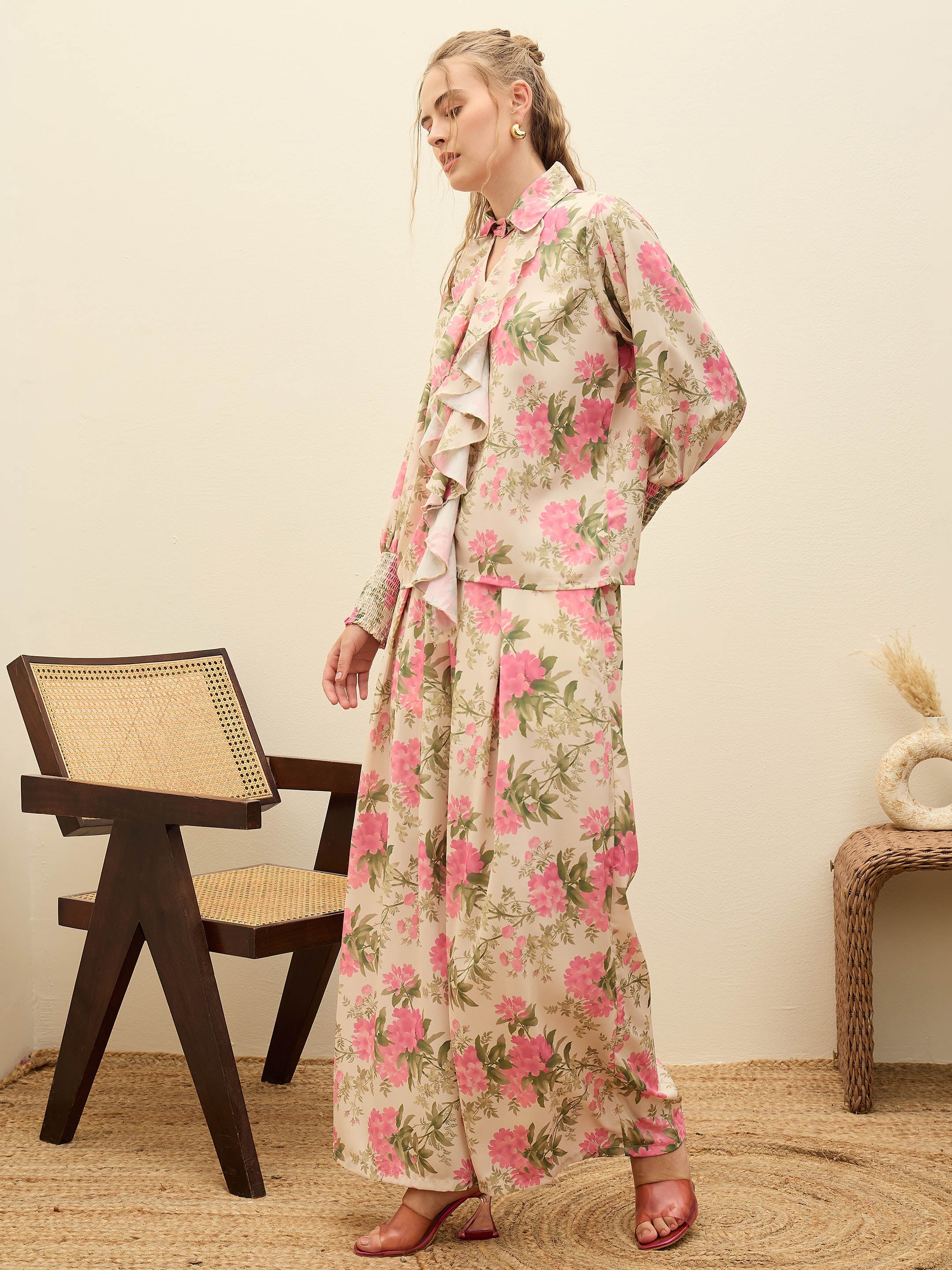 Women Beige Floral Top With Flared Pants-SFSETS96378