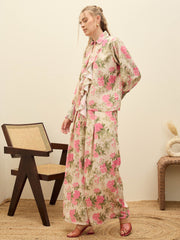 Women Beige Floral Top With Flared Pants-SFSETS96378