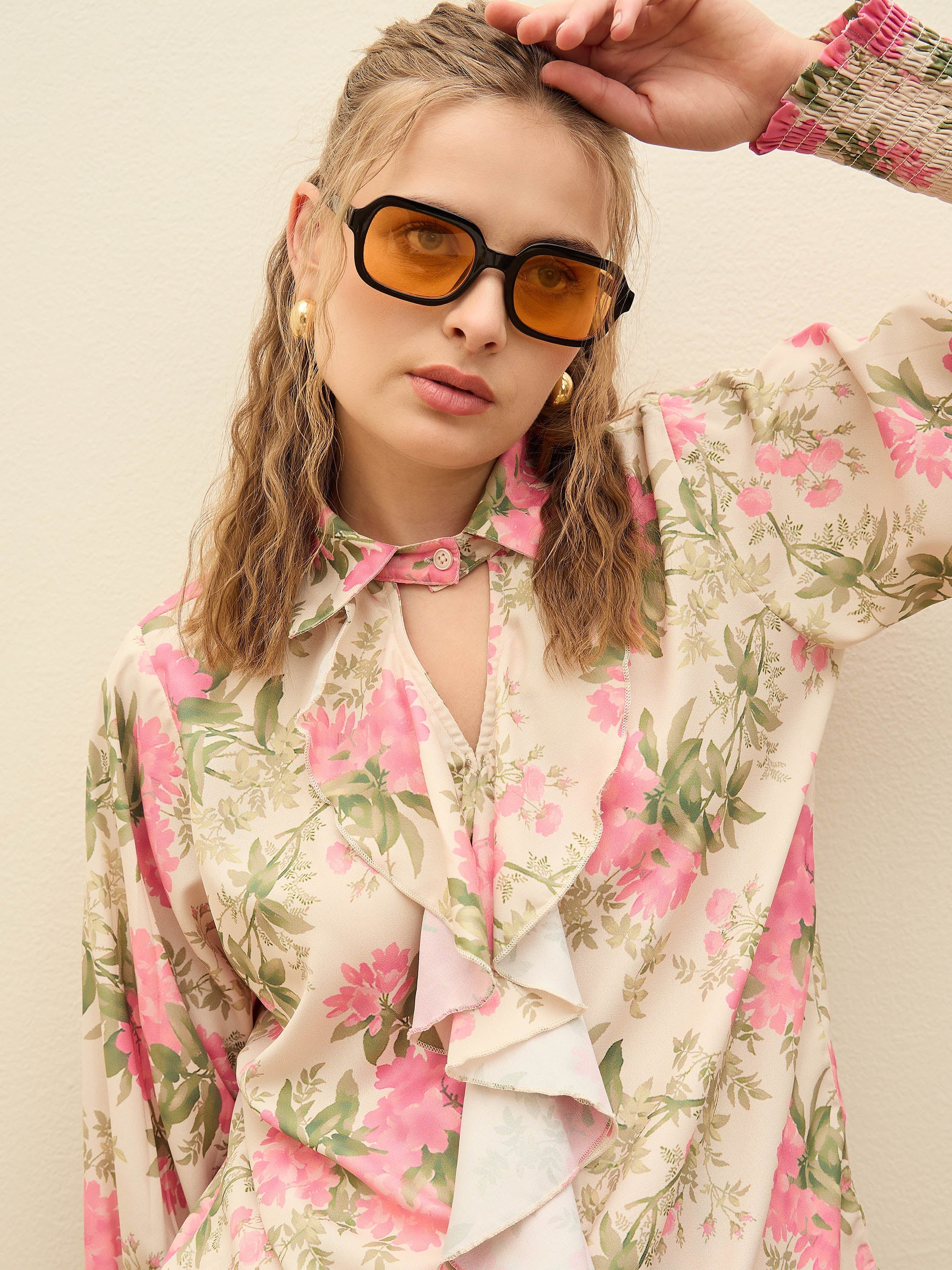 Women Beige Floral Top With Flared Pants-SFSETS96378