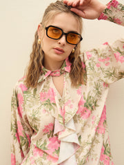 Women Beige Floral Top With Flared Pants-SFSETS96378