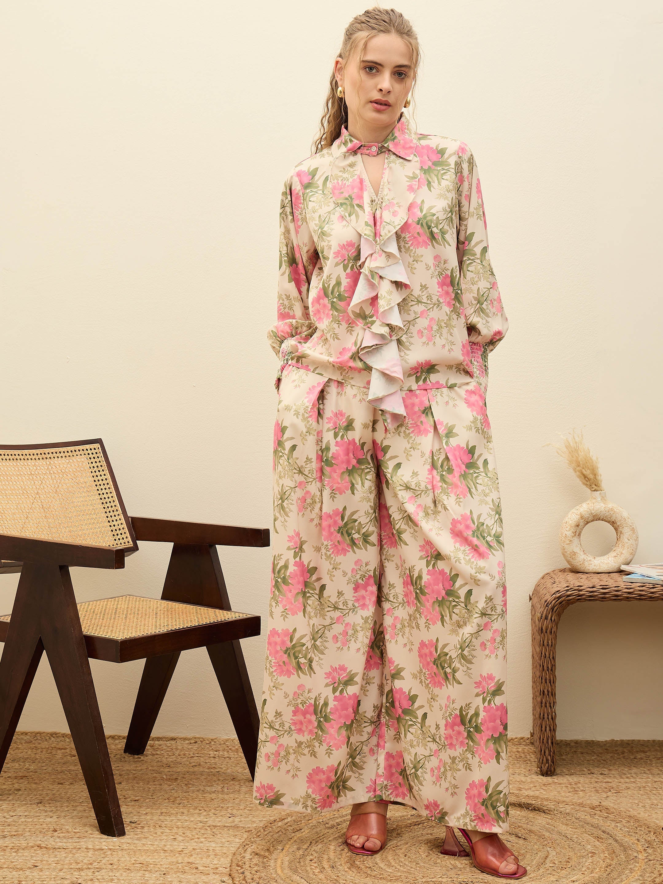 Women Beige Floral Top With Flared Pants-SFSETS96378